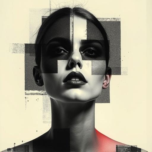 Abstract and fragmented portrait of a person's face in high-contrast black-and-white with stippled texture. Face divided into multiple overlapping sections with obscured areas by black geometric shapes and cracks. Background is soft beige. Neck features subtle red tint, adding hint of color.