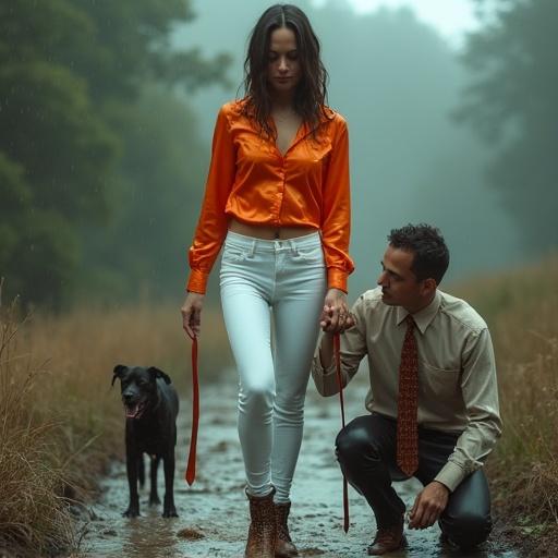 Cinematographic photo of a woman wearing a shiny orange pvc latex shirt and white latex leggings. A man is on his knees wearing a shirt and tie. The woman takes the man's tie and walks him through muddy conditions with a dog. They are both covered in mud under a stormy rain. The woman laughs while teasing the man.