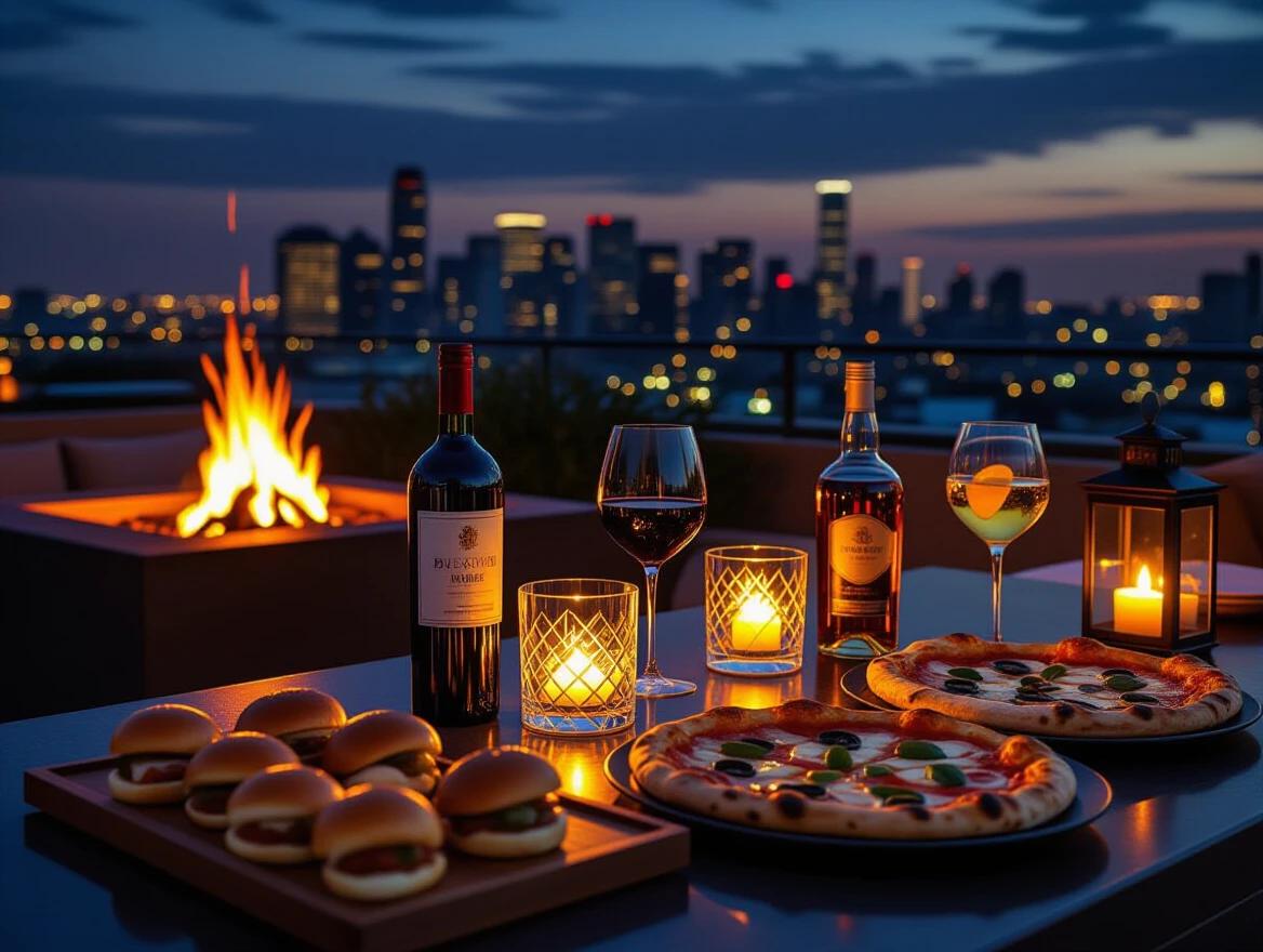 Luxurious rooftop party table at night. Warm ambient lighting from a fire pit and lanterns. Glowing skyline in the background. High-end drinks on the table like wine and whiskey. Elegant crystal cocktail glasses with citrus garnish. Late-night snacks include sliders and gourmet pizza. Ceramic trays with olives and sushi rolls. Polished table surface reflecting light. Modern luxury terrace vibe.