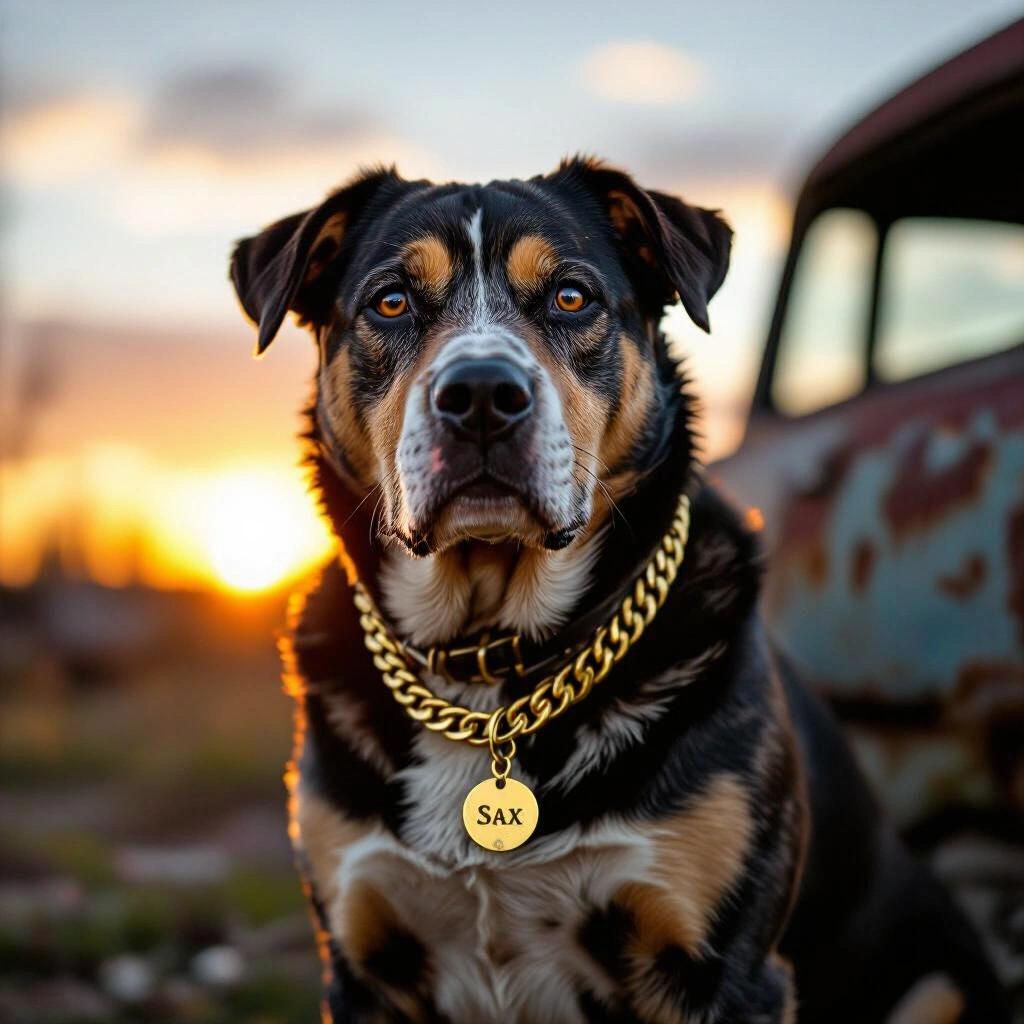 Dark raw photo of a dog in a junkyard setting at sunset. Dog wears a gold chain with 'SAX' name tag and looks at the camera.
