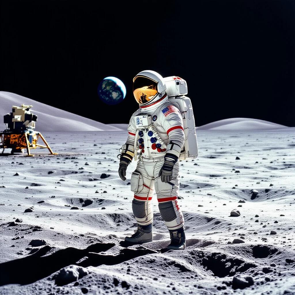 Candid historical NASA documentary image shows astronaut on moon with Earth in background.
