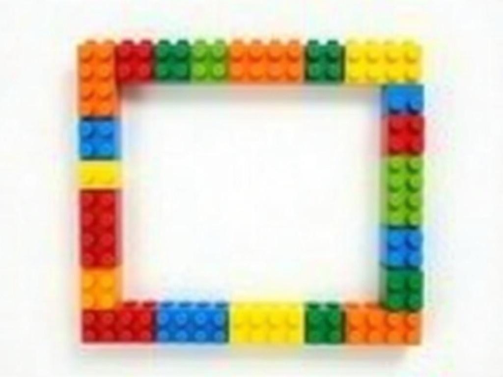 The image showcases a colorful frame made entirely of building blocks, resembling LEGO bricks. The frame is designed in a rectangular shape with vibrant colors like red, blue, green, yellow, and orange stacked together. Each block is aligned neatly, creating a playful and cheerful appearance. The inside of the frame is empty, offering a clear space that can be used for inserting a picture or an artwork. The background is plain and white, which contrasts nicely with the bright colors of the blocks. This image likely evokes creativity and fun, ideal for children's room decoration or educational purposes.