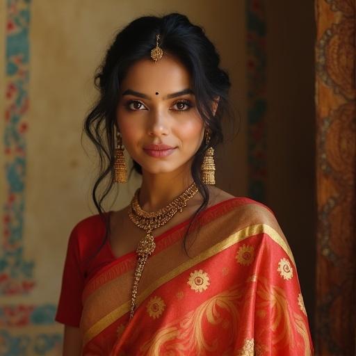 Woman in a beautiful saree with traditional jewelry. Soft lighting that enhances features. Frontal perspective. Warm color tones in the attire.