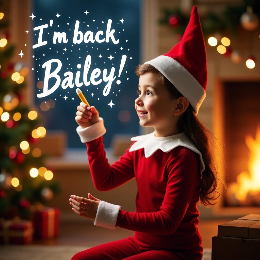 Elf in the shelf character wearing a red outfit. Scene depicts Christmas cheer. The elf is writing a name using a magic wand. The name in the sky says I'm back Bailey.