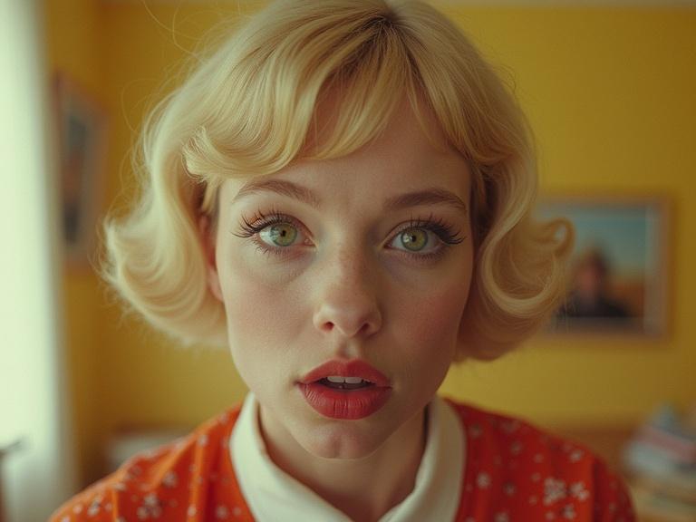 A character by Alex Prager. Young woman with blonde hair and striking eyes. Bright yellow background. Vintage style clothing.