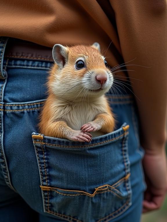 Funny representation of a gopher sitting inside a trouser pocket. Close-up view. Gopher has orange fur and a curious expression.