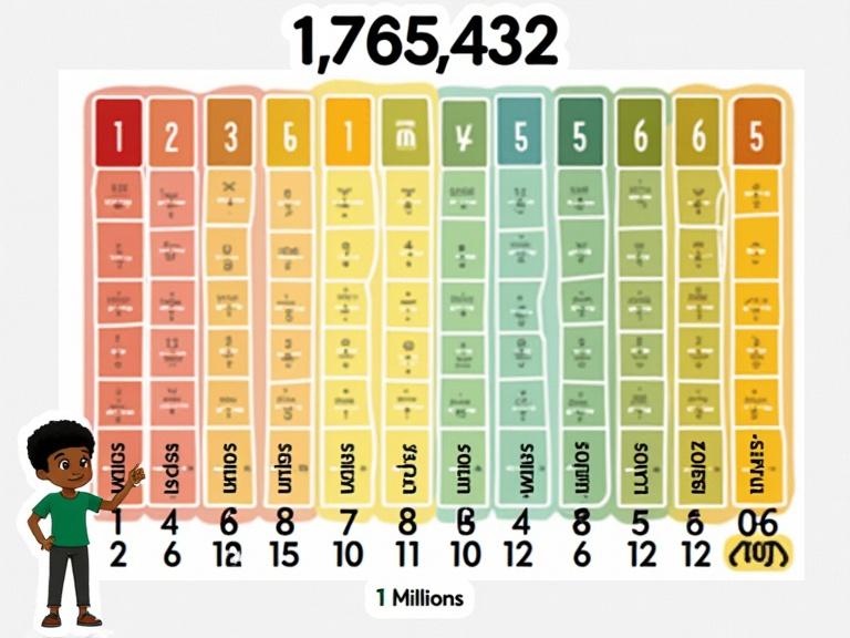 A comprehensive colorful place value chart extends to millions place. It shows columns for Millions, Hundred Thousands, Ten Thousands, Thousands, Hundreds, Tens, and Units. The number 1,765,432 is shown with digits in their columns and arrows pointing to labels. The value for each place is indicated. A small Nigerian student character points to Millions column.