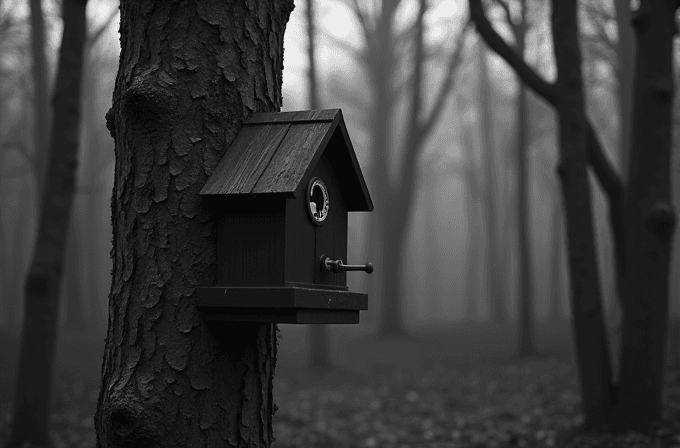 A dark wooden birdhouse is attached to a tree in a misty, desolate forest.