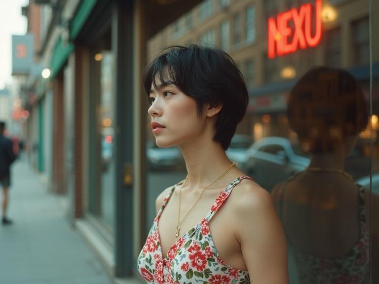 Image shows a young person with short dark hair wearing a floral crop top. They are standing calmly beside a large glass window. Soft daylight illuminates the area. The scene captures urban street elements and reflections in the glass.