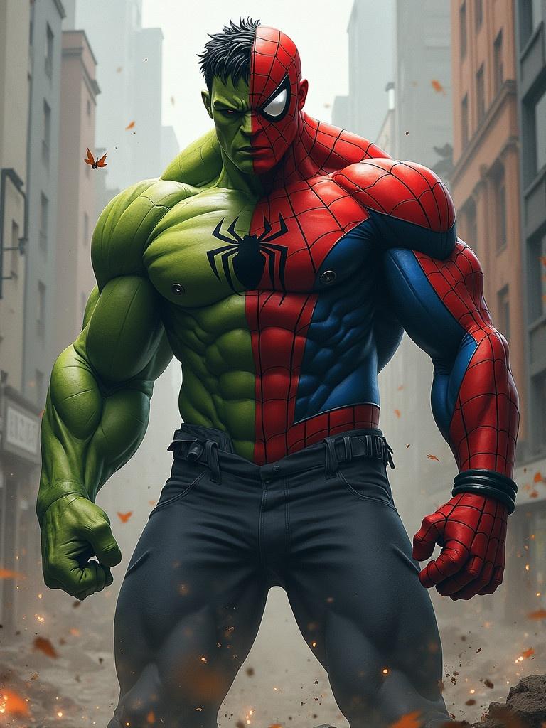 Hybrid fusion of Spider-Man and Hulk combined. Muscular build with red and green colors mixed. Standing in an urban environment with dramatic lighting.