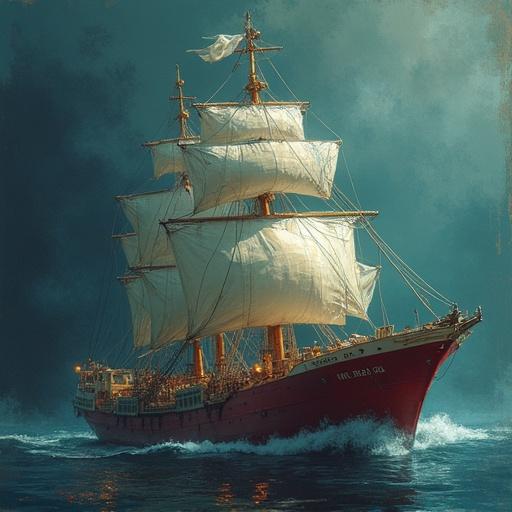 Detailed image of a majestic sailing ship with multiple sails against a dramatic sky at sea