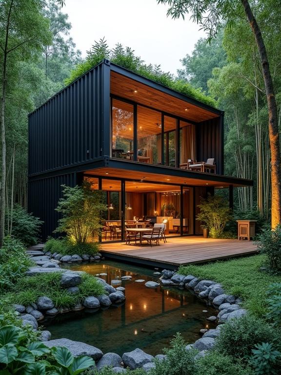 Modern two-story home made from shipping containers in bamboo forest. Architecture combines industrial materials with natural greenery. Features large glass windows, open patio, and rooftop garden with ambient lighting. Curved landscaping and serene pond create a calming atmosphere.