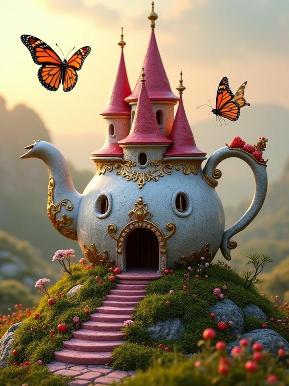 A whimsical teapot-shaped castle crafted from pale grey stone. It has elegant ruby red spires and golden filigree. The castle is in a vibrant, dreamlike valley with a grand staircase of red strawberries. Monarch butterflies dance around it under a soft sunset glow. Lush green moss and wildflowers surround the scene.