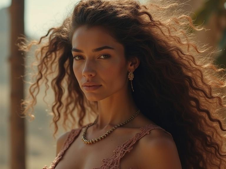 Portrait of a beautiful woman with curly hair. She symbolizes the Taurus zodiac sign. Natural setting with soft lighting.