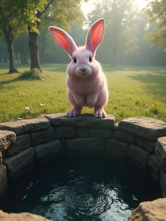 Human-sized pink rabbit stands at an old stone well. Rabbit poised to jump with determination. Soft fur highlighted by sunlight through the trees. Wide eyes conveying focus. Dark, deep well with bubbles. Serene grassy area with trees and sunlight. Mood of courage and urgency in a realistic style.
