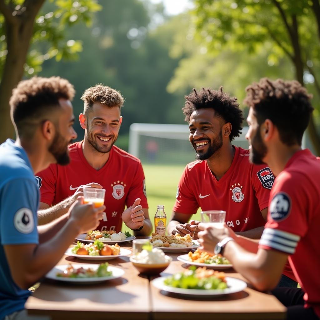 Group of soccer players enjoying a meal together outdoors. They sit around a table filled with food and drinks. Natural setting with a soccer field in the background. Men are wearing red and blue jerseys.