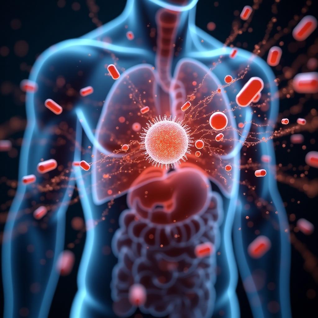 Detailed illustration of a futuristic drug delivery system inside a human body. Nanotechnology devices navigate through the bloodstream. Focus on targeting specific cells. Highlight contrast between healthy and affected areas. Use vibrant colors for medication flow. Render in realistic scientific art style with high-definition visuals. Emphasize medical technology innovation.