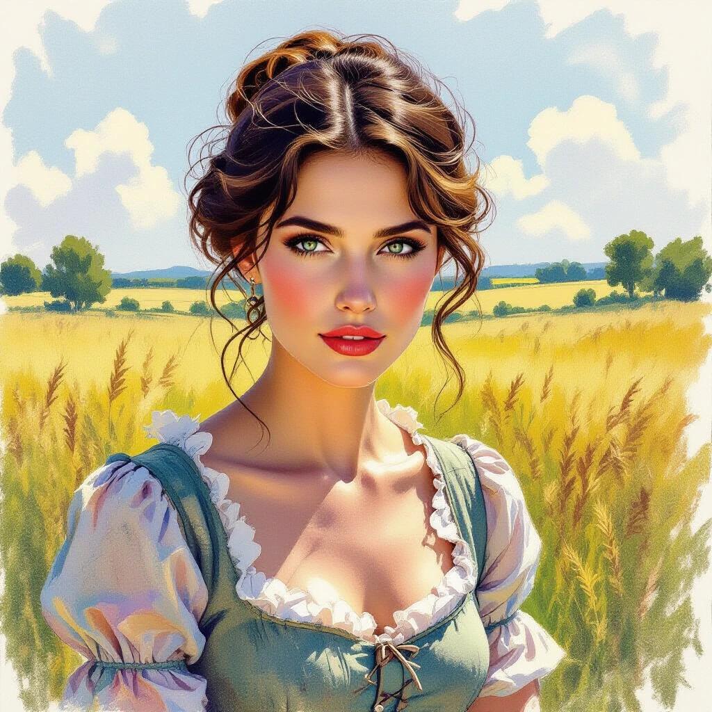 Sketch illustration features a boudoir nineteenth century country woman. She stands in a golden wheat field with an enchanting expression. The background shows a clear blue sky with distant trees. The artwork is created with oil pastels, giving it a soft, textured look.
