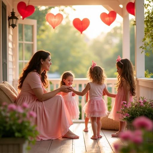 Photo image of a baby shower party with mom and children on a sunny big porch. Heart decorations hang above. Children wear pink bows. The scene includes potted plants and a welcoming atmosphere.