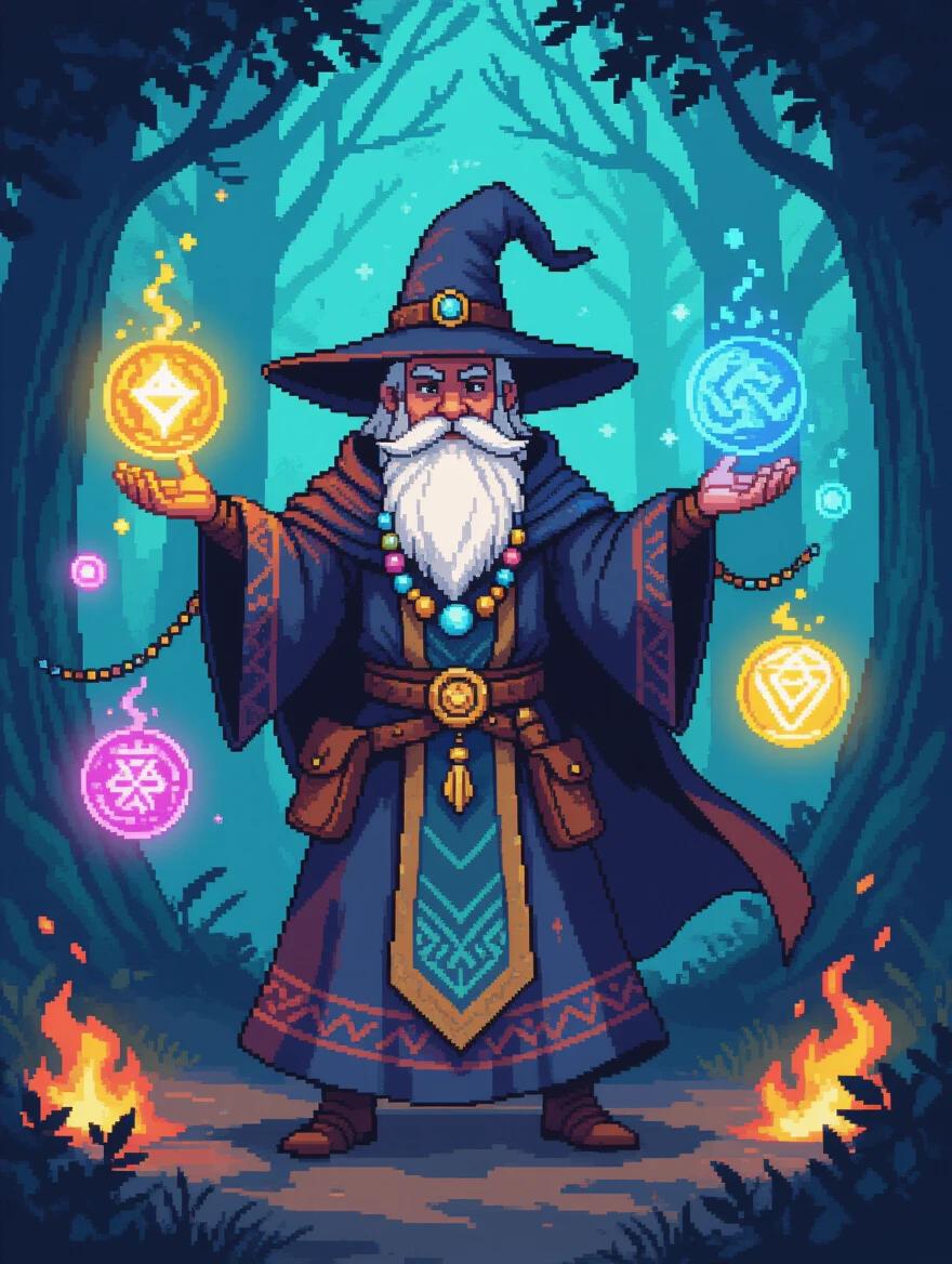 A full-body pixel art style photo of a runic wizard with elemental spheres in the beads of his garments. The wizard has a long beard and wears a pointy hat. Colorful orbs surround the wizard reflecting fire, water, earth, and air. The background features a magical forest with trees and glowing lights.