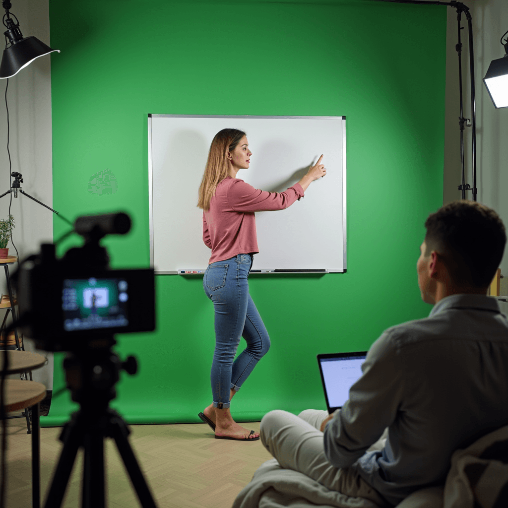 A woman presents at a whiteboard in front of a green screen while being filmed.