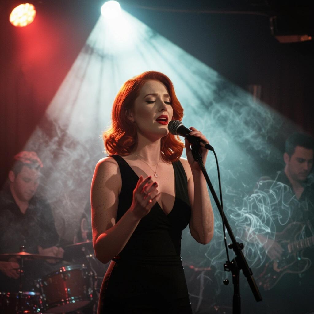 A red-haired Irish woman sings passionately in a dim club. Strong shadows and a spotlight create a noir atmosphere. Smoke lingers near the stage.