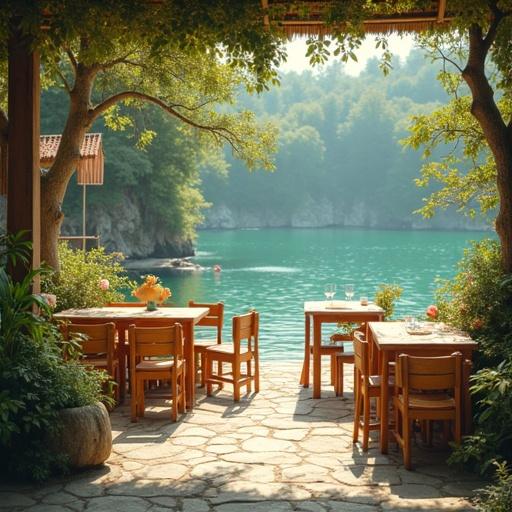 Out of focus view of a tranquil outdoor cafe. Green plants and trees create a calm atmosphere. Wooden tables and chairs convey a relaxed cafe setting. Light earthy tones and orange lighting are in focus. Blurred presence of people suggests lively ambiance. Spacial arrangement provides depth in the cafe view. Overall feeling is of serenity and refreshment. Three girls approach. A girl on the left carries pancakes and a girl on the right has skewers. They smile while gently displaying their dishes.