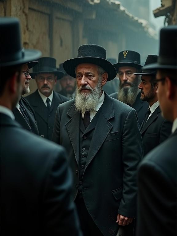 A group of middle-aged men gather in a dimly lit, dusty setting. The central figure displays a worried expression. All wear traditional black hats and dark suits. The environment appears damaged and wet. Dust particles enhance the dramatic atmosphere. The muted colors reflect a serious mood. The scene captures shared anxiety among the group.
