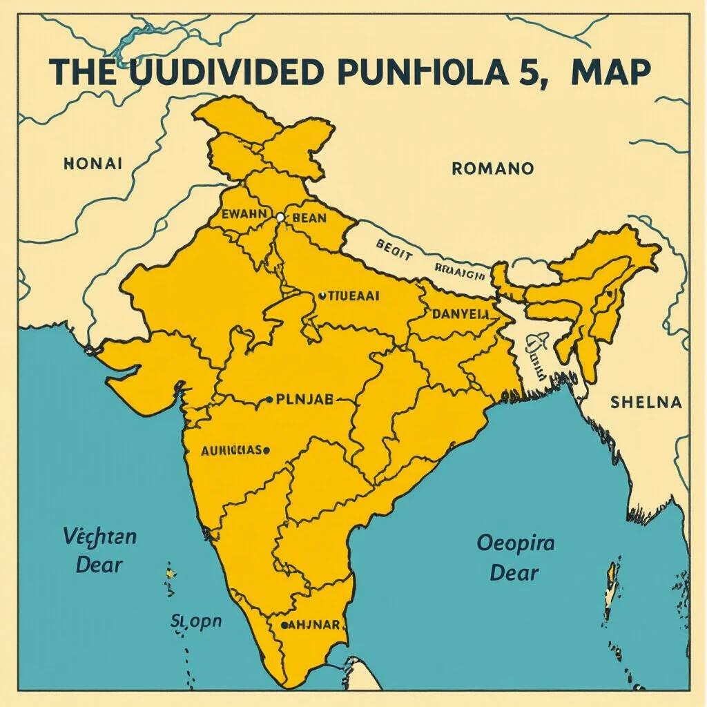 Map showing Punjab highlighted on a larger map of undivided Punjab. Visual representation of five rivers flowing through Punjab.