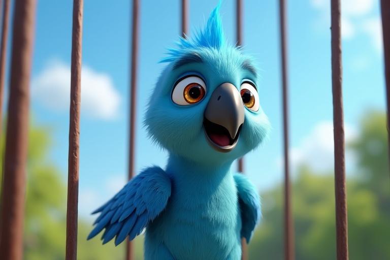 A hyper-realistic cinematic ultra 3D animated scene shows a friendly blue parrot with big eyes and a smile. The parrot gazes at the clear sky from inside a cage. The feathers are detailed with a shine. The background features a vibrant horizon of blues and greens.