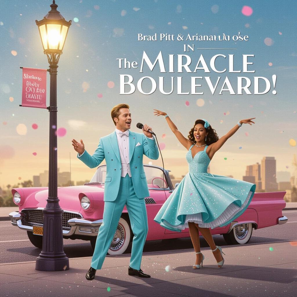 Movie poster for Miracle Boulevard. Features Brad Pitt in a powder blue tux singing. Ariana DeBose dances next to a pink convertible. Glitter confetti surrounds them. Soft bokeh light and pastel film tones enhance the scene.