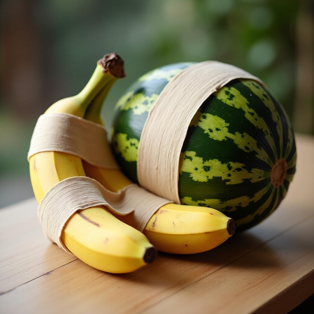 The image depicts a unique arrangement of bananas and a watermelon. The watermelon is large and round, decorated with green stripes. It is wrapped in beige bandages, giving it a whimsical look. The bananas are also partially wrapped, lying next to the watermelon. The setting is on a wooden table, and the lighting is soft and inviting. This playful presentation invites curiosity and engagement.