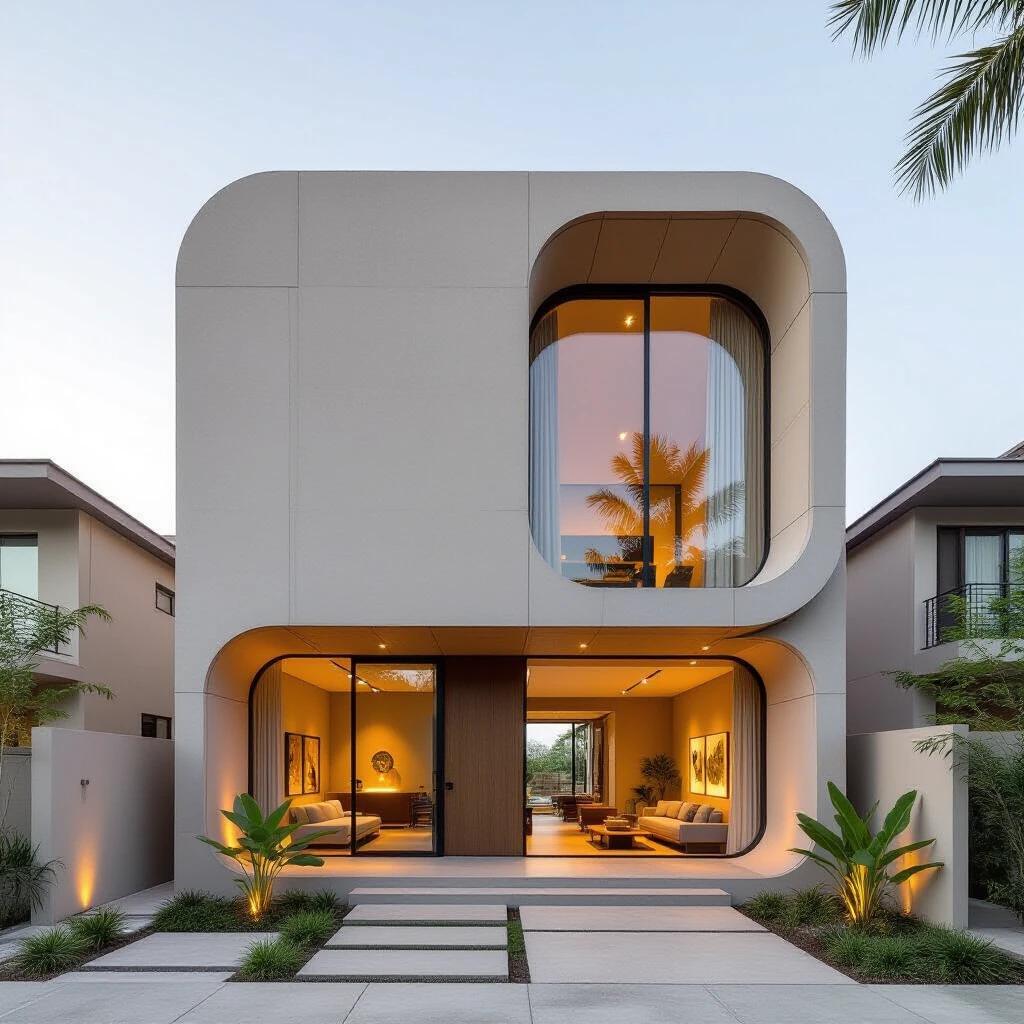 Show a modern minimalistic town house with curved edges and a large vertical cutout window from ground to roof. The house merges indoor and outdoor spaces. It incorporates resort-style features with elements of Japandi and African design.