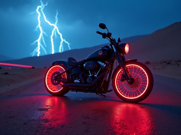 Futuristic black Chopper motorbike on an abandoned road in a stormy desert with vibrant neon wheel rims. Lightning strikes in the background. The motorbike leaves a laser light trail while strobe lights beam from the front. Heavy fog and rain create a moody atmosphere.