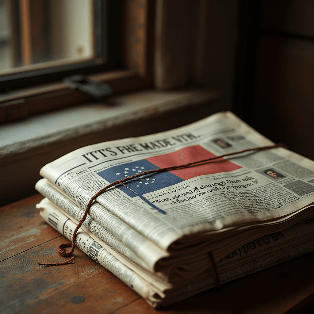 A stack of vintage newspapers tied with twine placed on a wooden table beside a window.