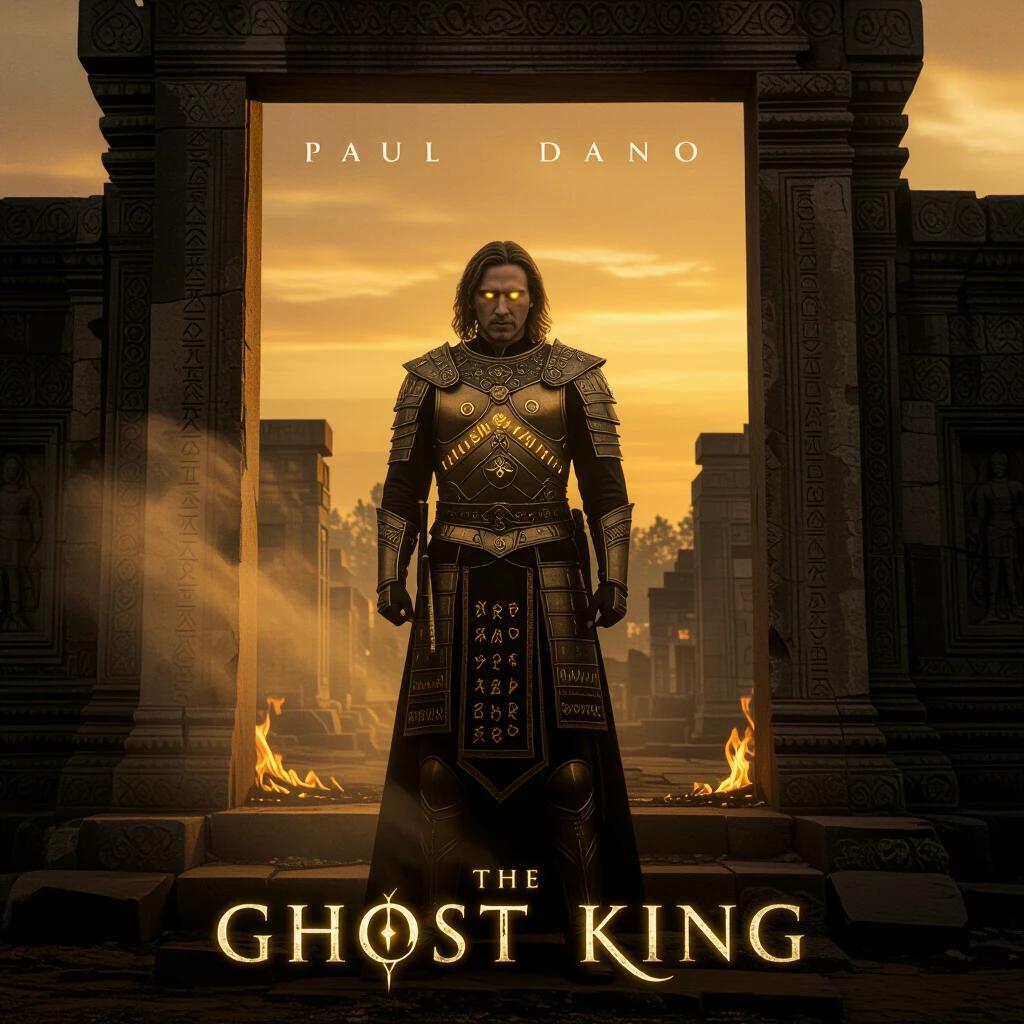 Paul Dano stands at a shattered temple doorway. He is cloaked in golden ritual armor with glowing ancient runes. Smoke swirls around him. Low angle sunlight creates an eerie ambiance. The sky is dark and moody. His eyes faintly glow with mystic energy.