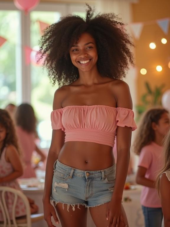 Mother at kids birthday party. Wearing off-shoulder crop top and short shorts. Smiling and exuding joy. Bright and festive decorations in background.