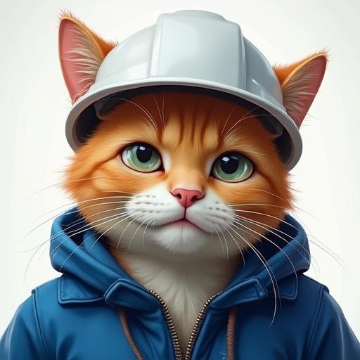 A semi-realistic cat with teary eyes and a quivering lower lip portrays an emotional expression. The cat is wearing a white hard hat and a blue work jacket.