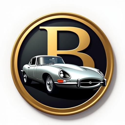 Logo design on a medal background. Logo features a black to gold gradient. In foreground a silver Jaguar E-Type shows dynamic sportiness. Behind it, a large B letter. Next to it, a mirrored B in identical size.