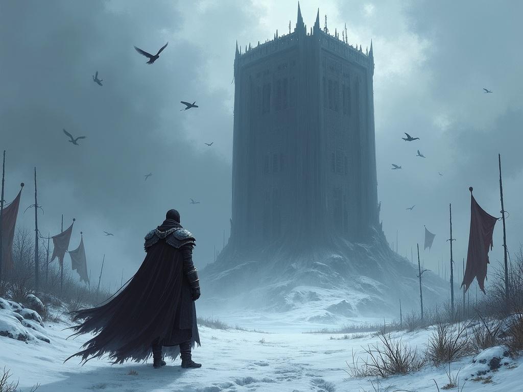 Concept art featuring a solitary warrior wearing dark armor and a cape. The warrior is seen from behind standing in a snowy battlefield. In front of the warrior is a large and ominous ancient tower. The environment includes tattered banners and a dramatic cloudy sky overhead with birds flying around. The overall tone is somber and epic, rendered in a painterly digital style with a cool color palette.