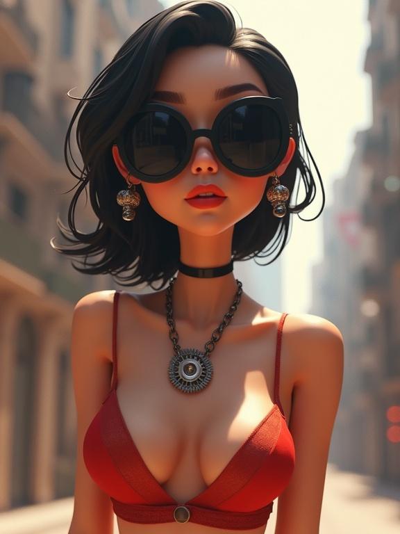 3D cartoon woman with minimal features wearing oversized sunglasses and gear necklace in red lingerie. Soft shading creates depth. Steampunk cityscape in background, blending into surroundings, creating a dreamy atmosphere.