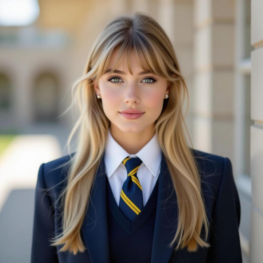 Girl dressed in 1980s fashion. Long blond hair with fringe. Wearing a white shirt and a dark blue tie with thin double yellow stripes. Dark blue v neck jumper and dark blue blazer. Background shows a classic architectural setting.