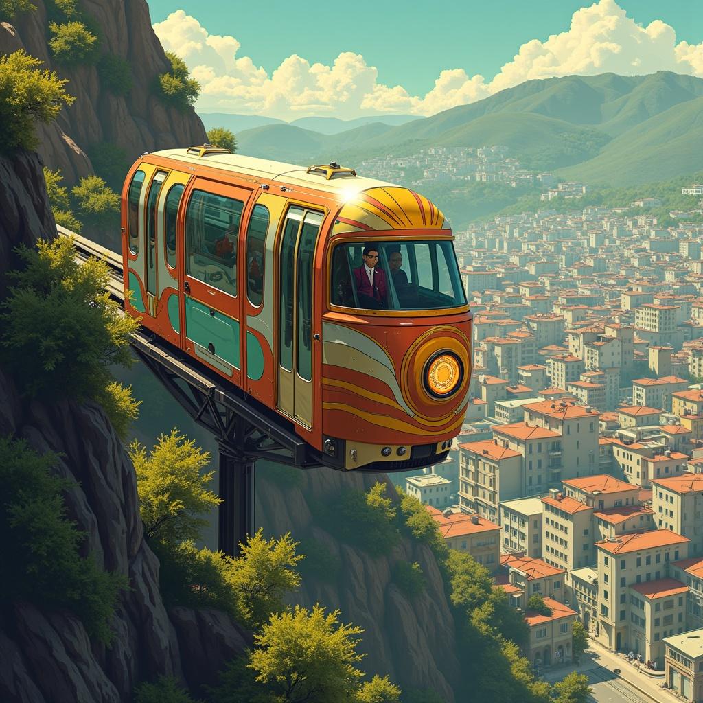 Book cover design inspired by Valparaíso's funiculars reimagined with Art Deco designs. Funicular shown ascending a steep hill. Kasper inside looking out or standing ready for action. City with Art Deco architecture in background.