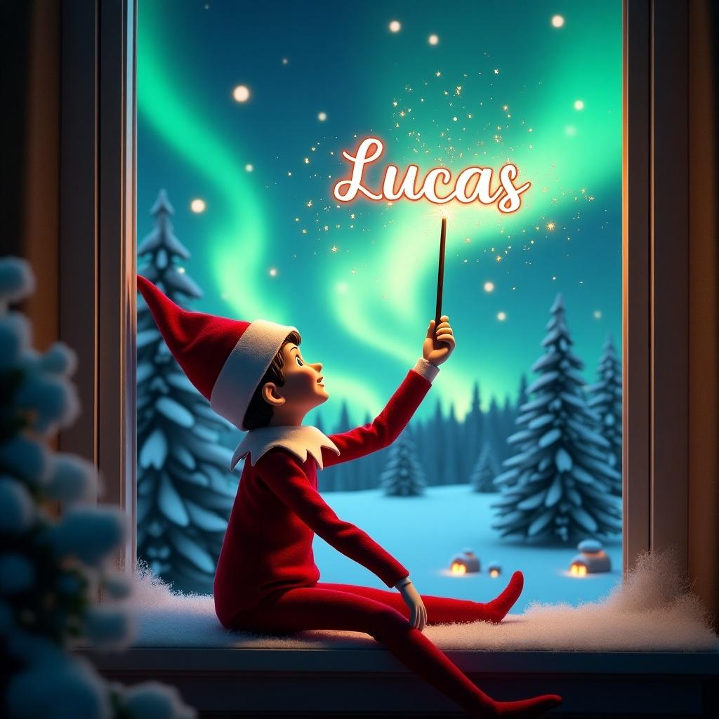 The image features an elf on the shelf sitting on a windowsill, with his back to the viewer. He is gazing up at the sky, using a wand to create magical sparks that write 'Lucas'. The background depicts a captivating Christmas scene with vibrant northern lights illuminating the night sky. Pine trees covered in snow surround the setting, enhancing the holiday atmosphere. The elf's attire is festive, with a bright red outfit and fluffy white trim, embodying the spirit of Christmas.