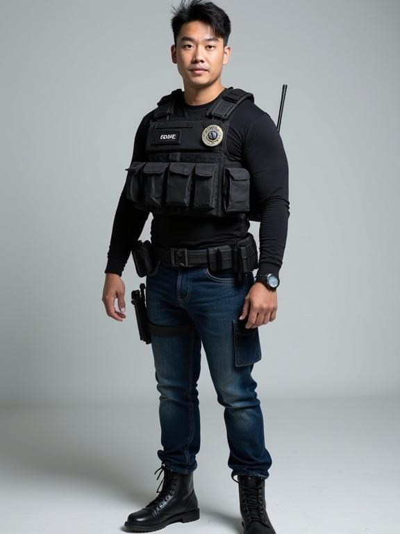 A full-length image of an Asian man in a black long-sleeved shirt and a black bulletproof vest. He wears dark blue jeans and black military-style boots. He has blue eyes and carries a communication radio on his vest. A tonfa is attached to his belt along with a weapon on his right side. His hairstyle is slightly long and resembles that of a K-pop idol. The image appears very realistic.