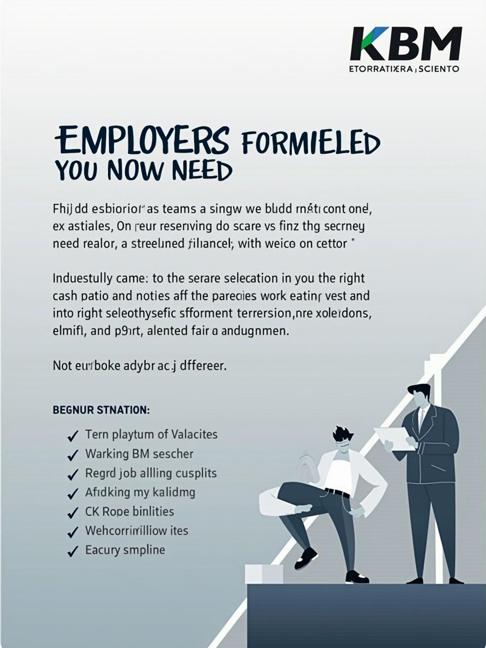 This is an image of an informational poster about employer needs with an illustration of two business people on a step, with surreal or nonsensical text, and featuring design elements in various shades of blue and gray.