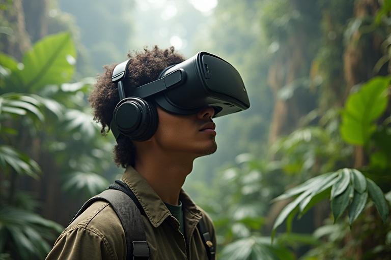 Person immersed in virtual reality experience in a dense jungle environment. Displays excitement and wonder. Dressed for exploration.