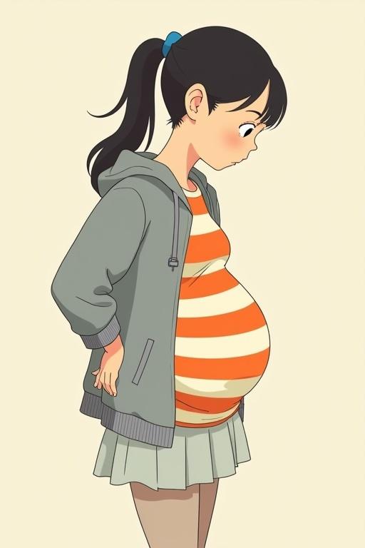 Pregnant character in a Studio Ghibli style. Side view of a young brunette woman with a ponytail. Wearing a gray hoodie and an orange and white striped shirt. Light gray mini-skirt with leggings. Hands on back showing back pain. Illustrative style reminiscent of Juno movie.