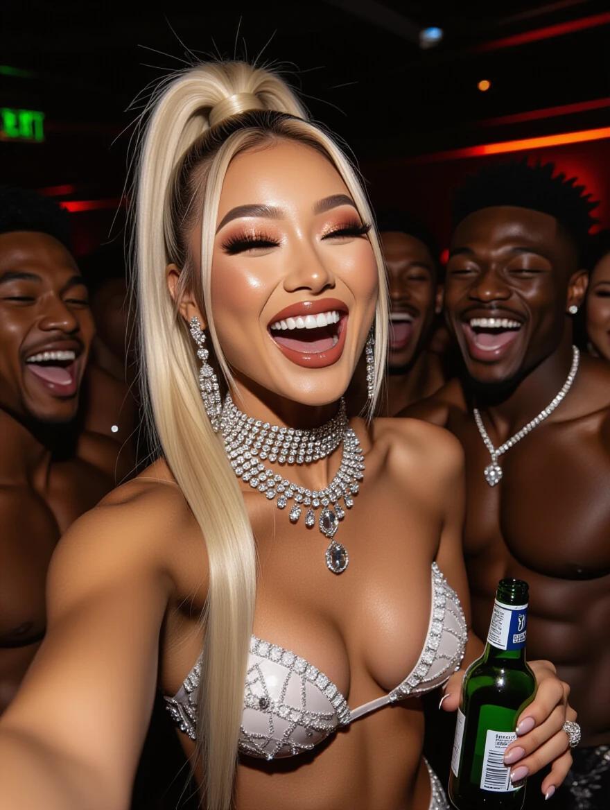 Hot asian model in edgy wedding bikini, with high blonde ponytail, heavy crystal jewelry, bright makeup, tipsy and excited nightclub atmosphere, dancing and drinking vodka from the bottle while taking a selfie with friends.