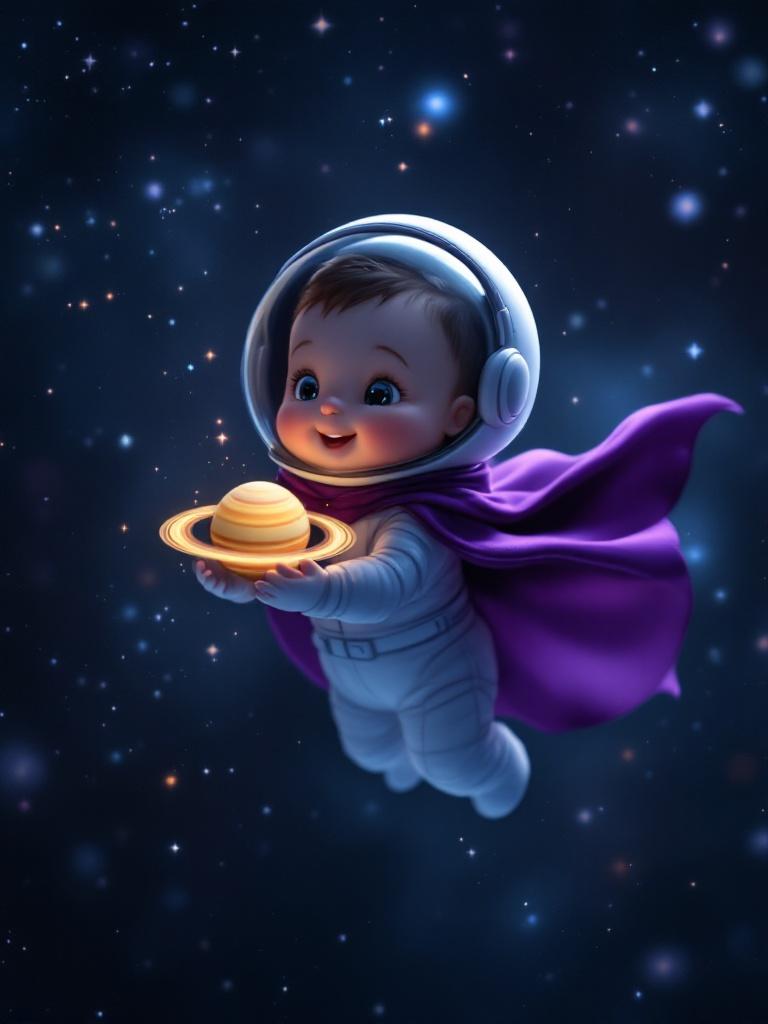 A baby astronaut floats in space wearing a vibrant purple cape. The baby holds a small toy-like planet Saturn. The background is filled with twinkling stars. The scene conveys a sense of wonder and adventure.